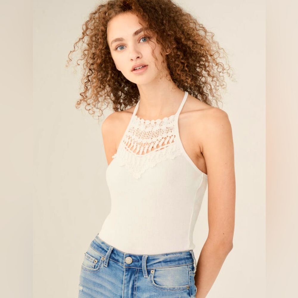NWT AÉROPOSTALE Crocheted High-Neck Racerback Tank in Cream Women’s Size Small
